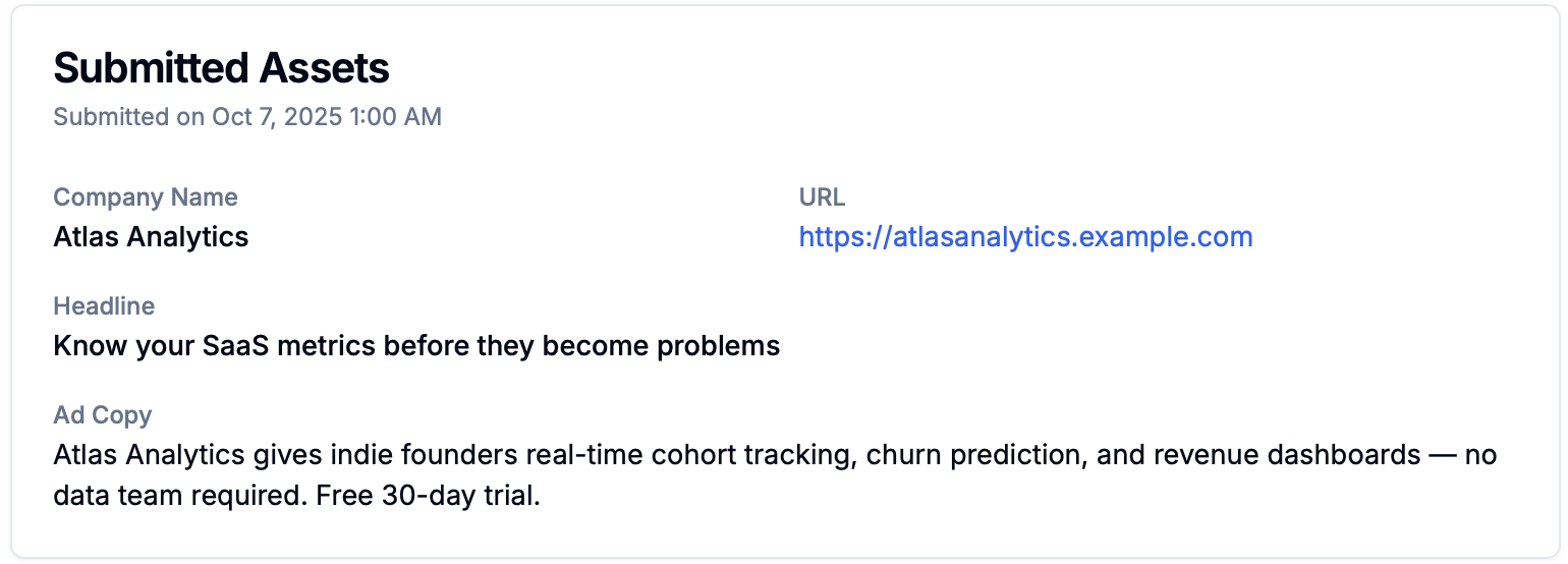 SponsorCal sponsor asset submission form showing headline, copy, URL, and logo upload fields
